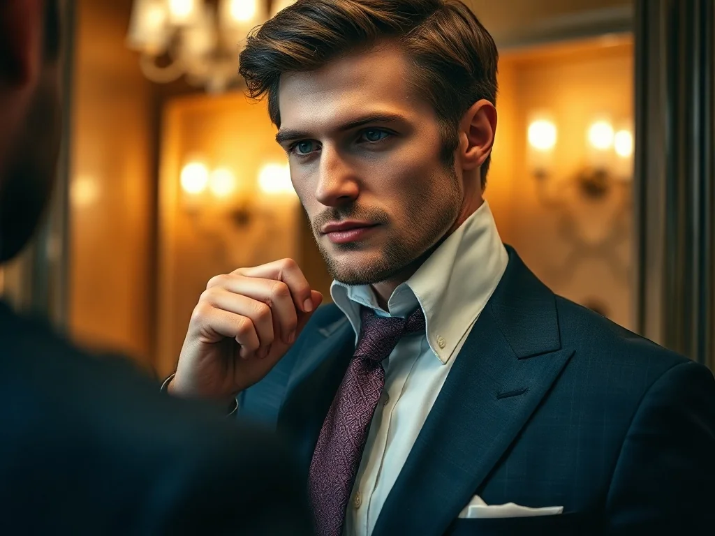 Elegancki mężczyzna w garniturze poprawia krawat przed lustrem, dbając o nienaganny wygląd.