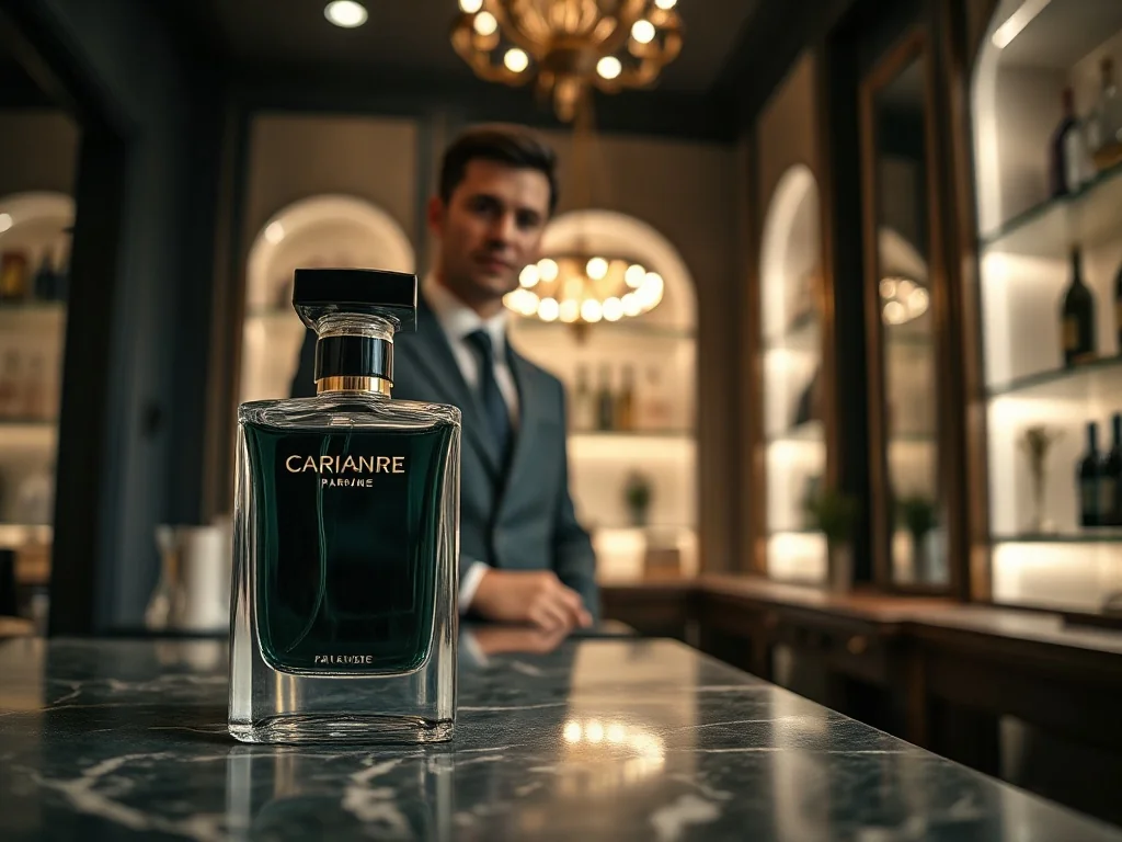 Elegancki flakon perfum Paco Rabanne pour homme z ciemnozielonym płynem na marmurowym blacie w luksusowym wnętrzu.