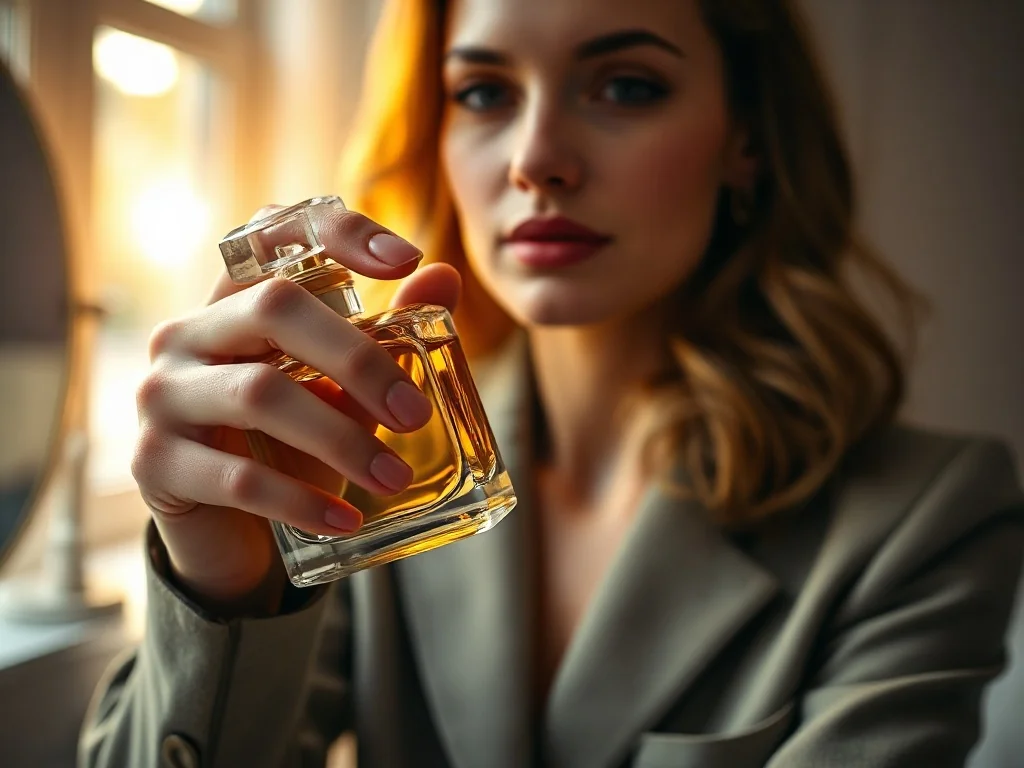 Elegancka kobieta trzymająca w dłoni flakon perfum na tle minimalistycznej toaletki w ciepłym świetle słonecznym.