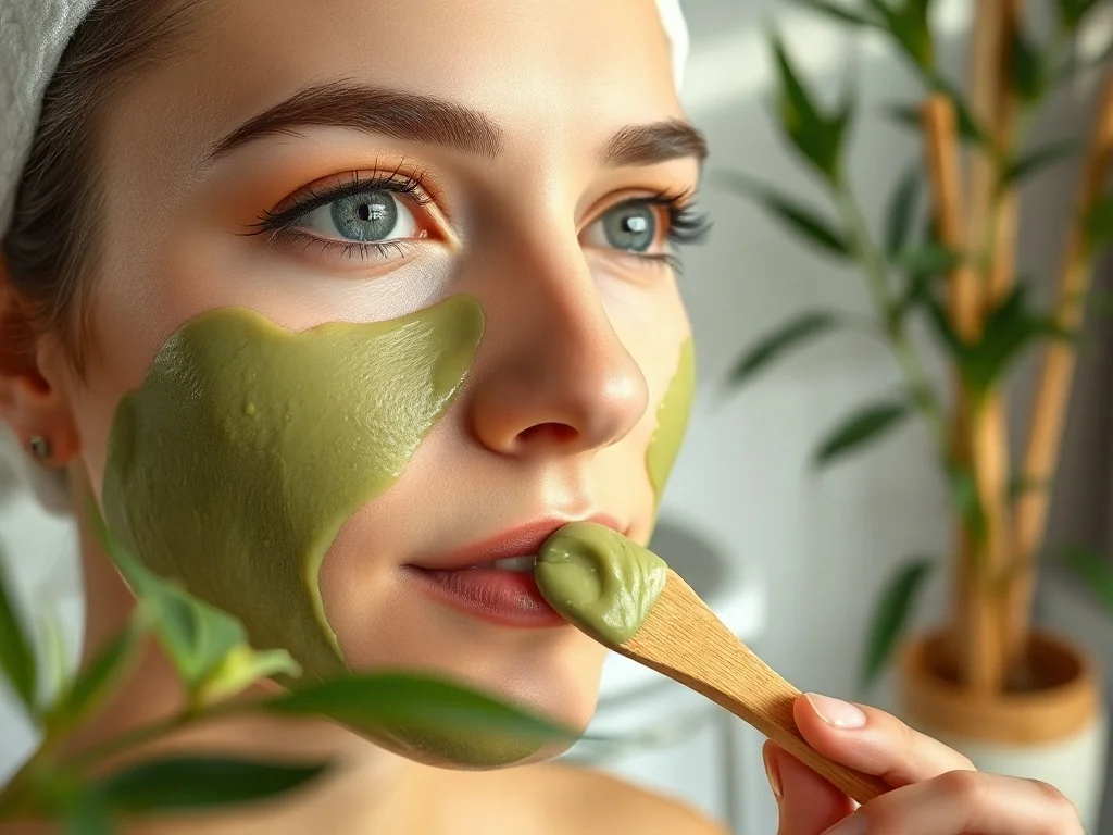 Kobieta nakłada kremową maskę z zielonej herbaty na twarz za pomocą drewnianej szpatułki w relaksującej atmosferze spa.