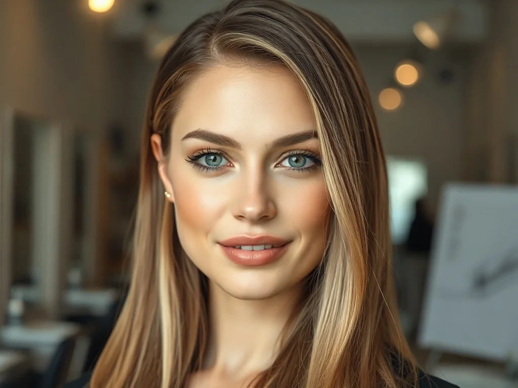 Kobieta z modnym efektem ciemnych odrostów przy blond włosach w profesjonalnym salonie fryzjerskim.