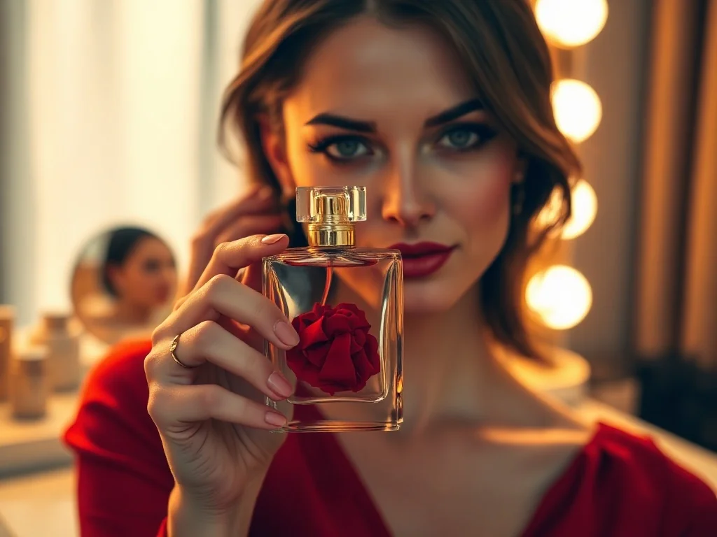 Elegancki flakon perfum Carolina Herrera w kształcie szpilki trzymany przez kobietę w luksusowej, złotej scenerii.
