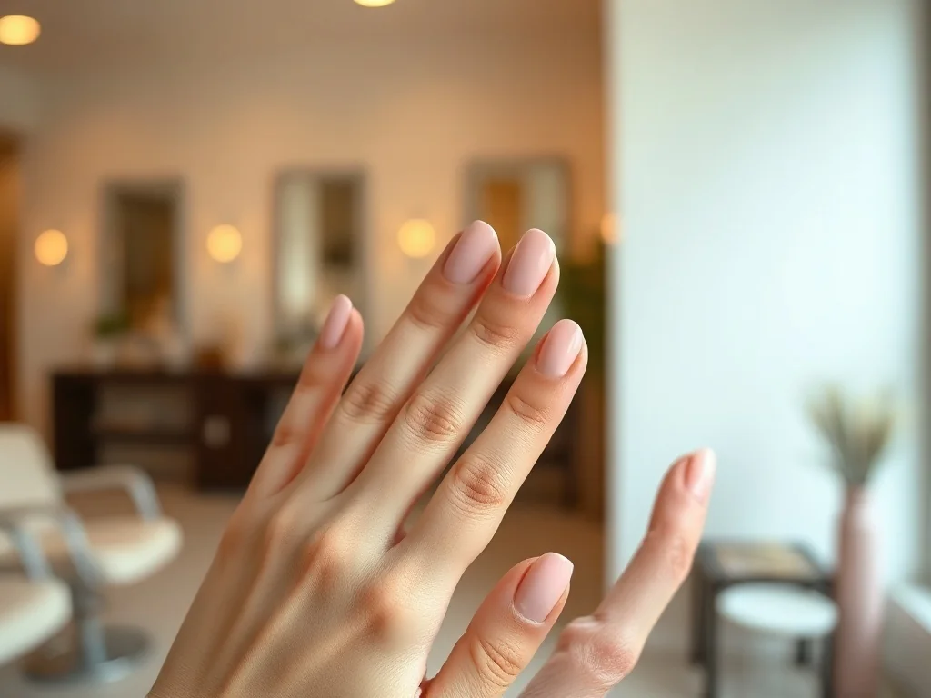 Zadbane krótkie paznokcie w minimalistycznym, pastelowym odcieniu na tle estetycznego salonu kosmetycznego.